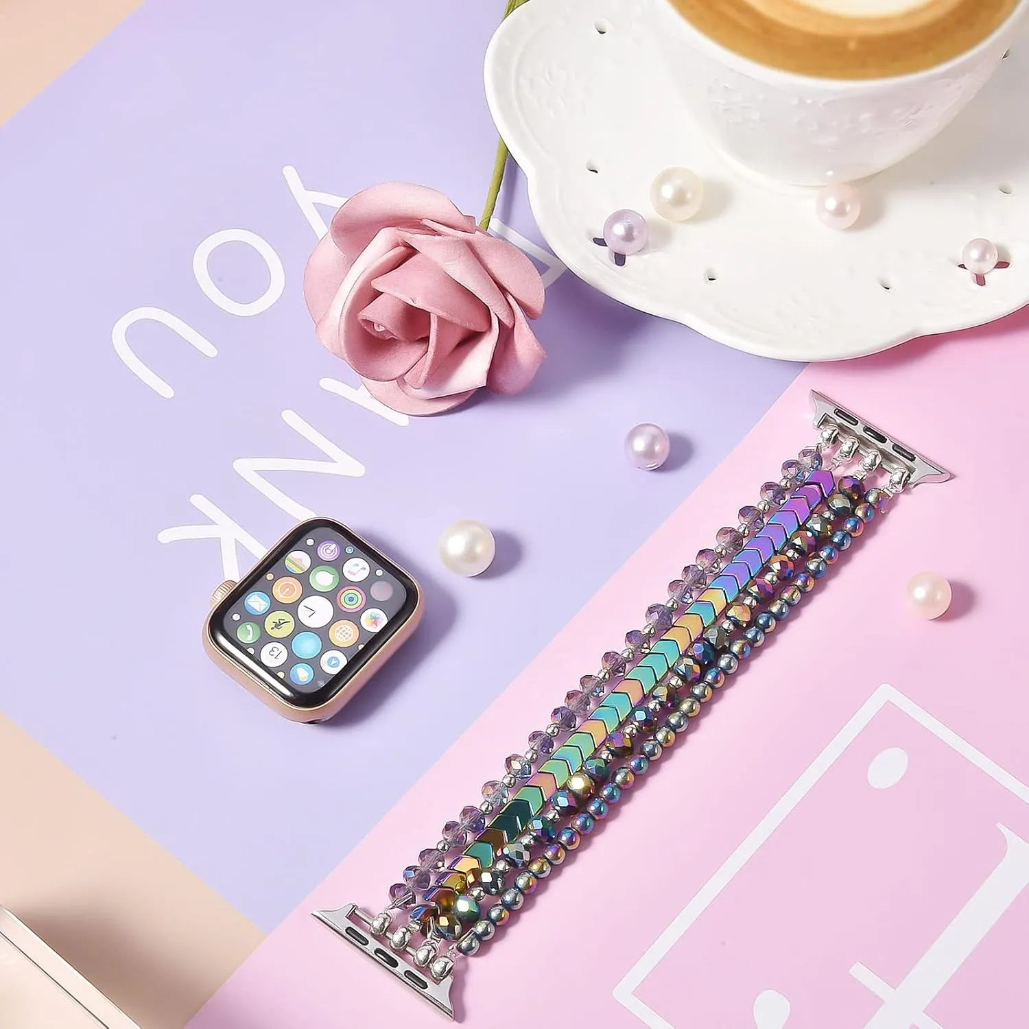 MOFREE Beaded Bracelet Compatible with Apple Watch Band 38mm 40mm 41mm 44mm 45mm 46mm Women,Fashion Handmade Elastic Stretch Strap for iWatch Series SE 10 9 8 7 6 5 4 3 2 1