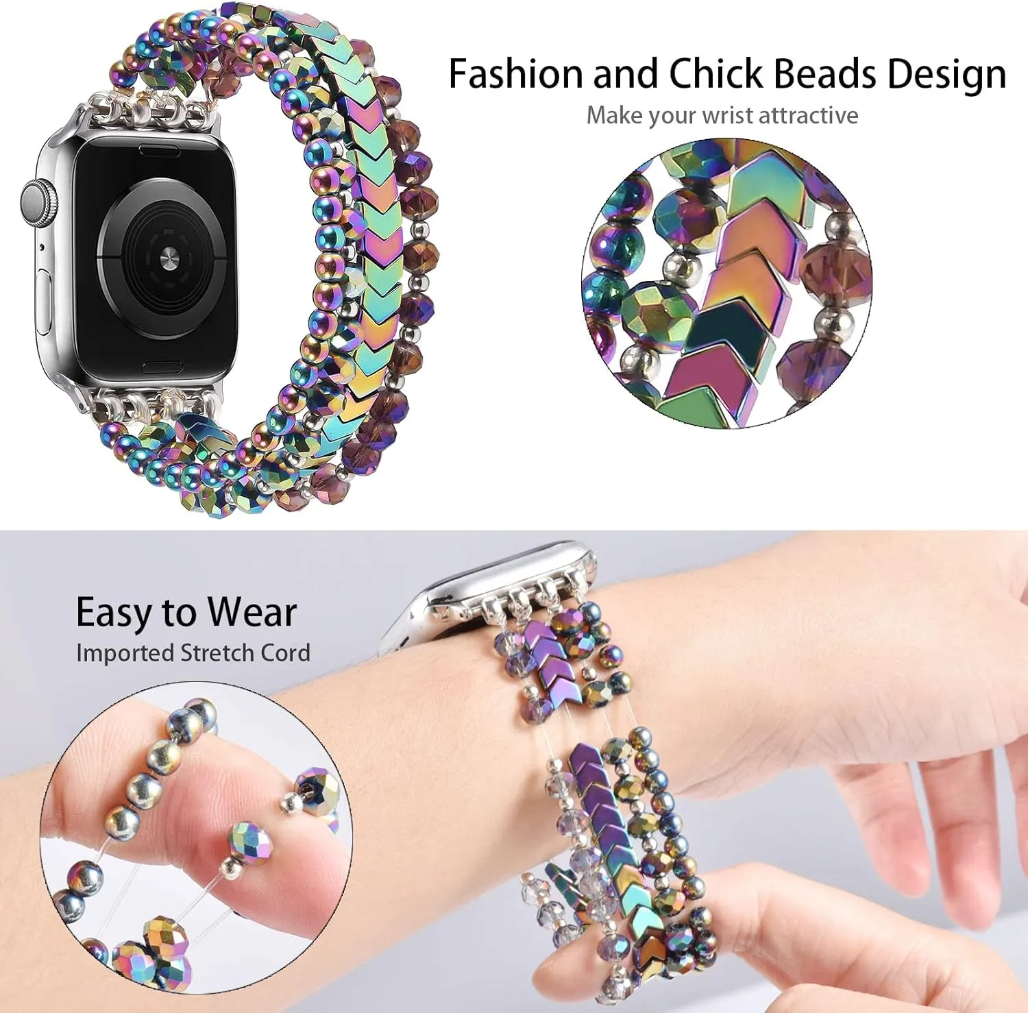 MOFREE Beaded Bracelet Compatible with Apple Watch Band 38mm 40mm 41mm 44mm 45mm 46mm Women,Fashion Handmade Elastic Stretch Strap for iWatch Series SE 10 9 8 7 6 5 4 3 2 1