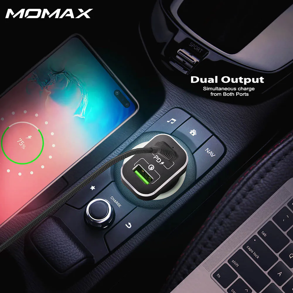 MOMAX UC11 Fast Car Charger [63W] Dual-Port QC3.0 with USB-C PD Type-C