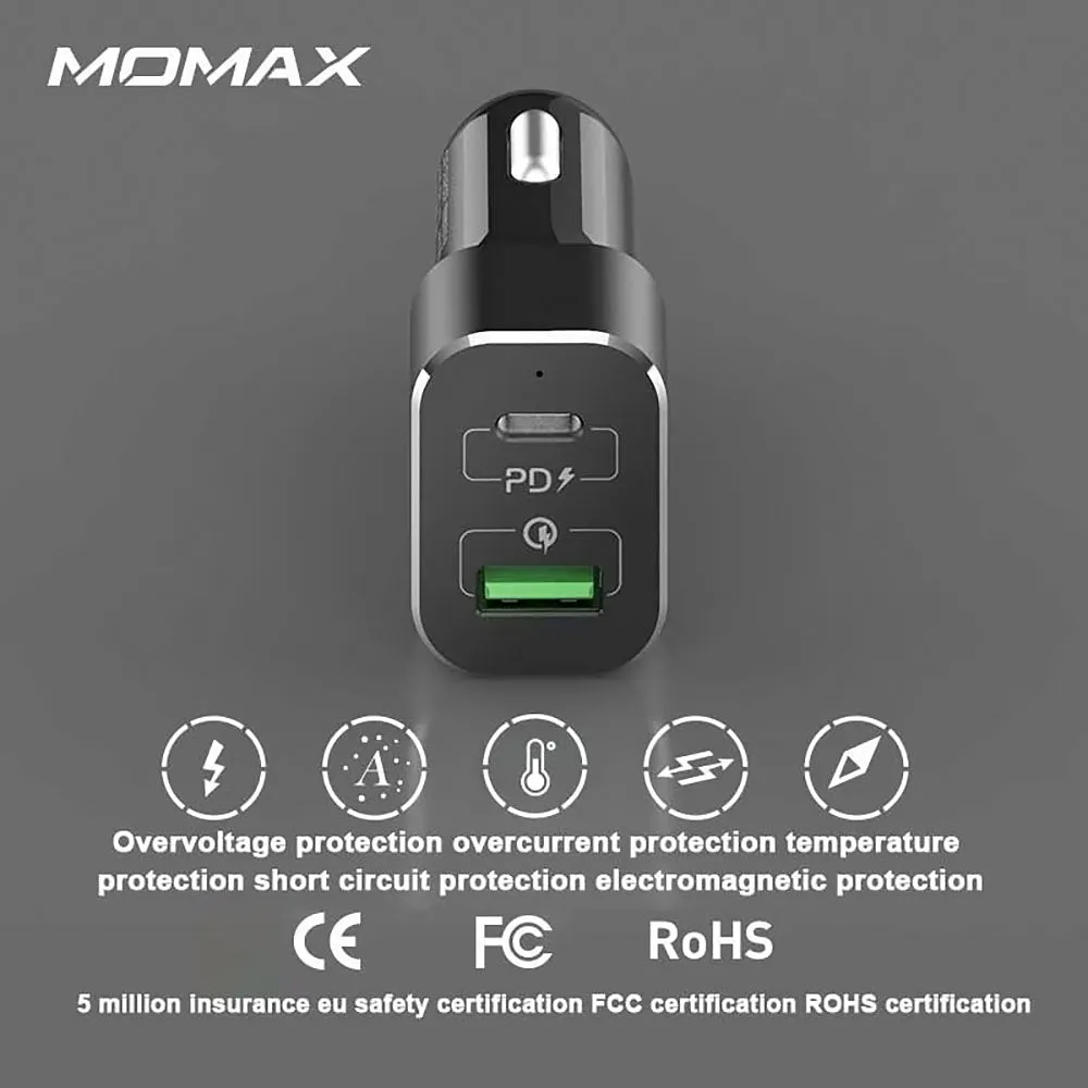MOMAX UC11 Fast Car Charger [63W] Dual-Port QC3.0 with USB-C PD Type-C