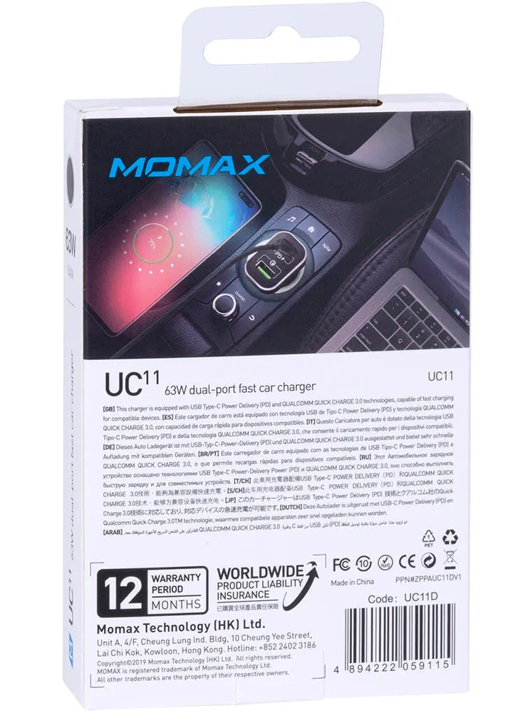MOMAX UC11 Fast Car Charger [63W] Dual-Port QC3.0 with USB-C PD Type-C