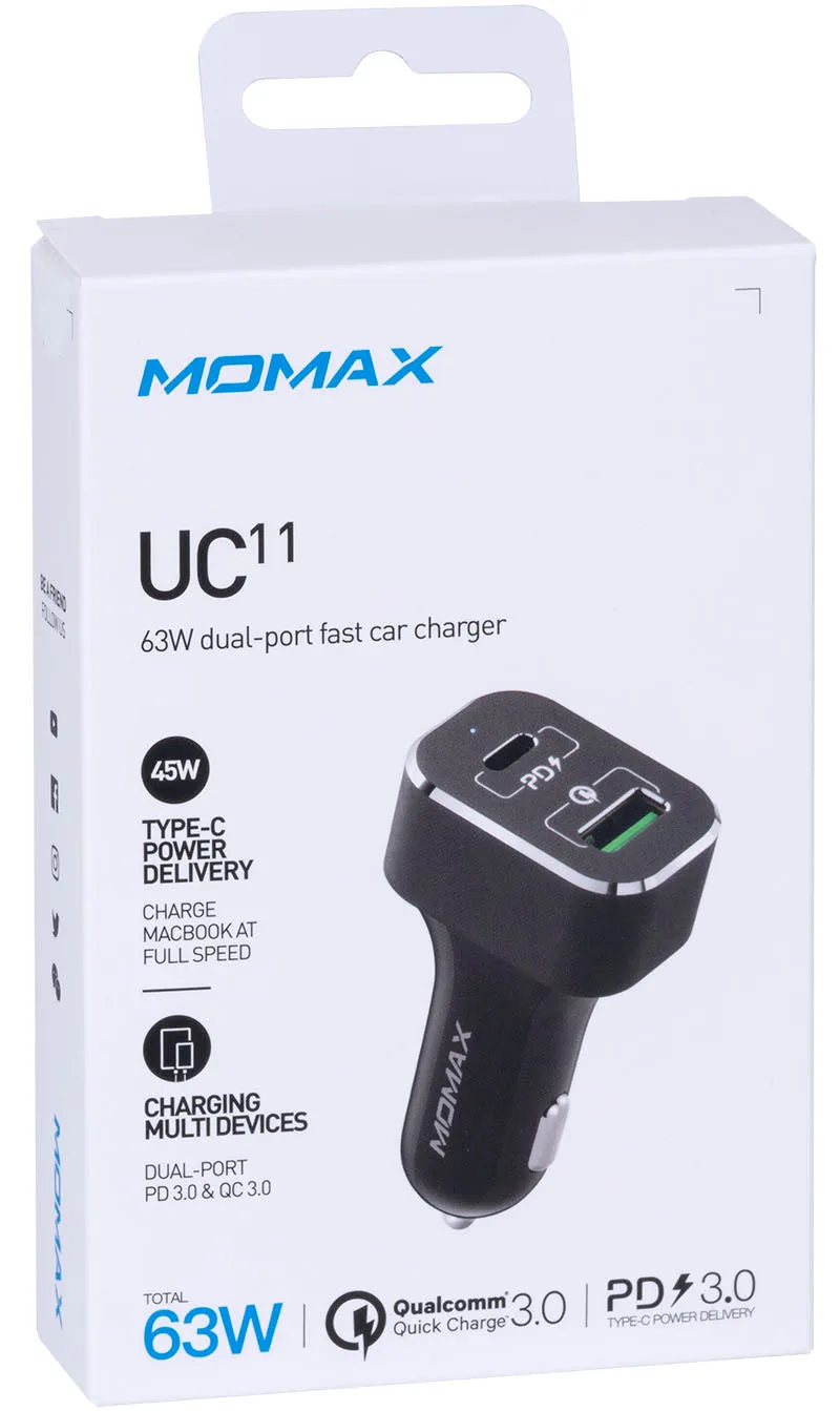 MOMAX UC11 Fast Car Charger [63W] Dual-Port QC3.0 with USB-C PD Type-C