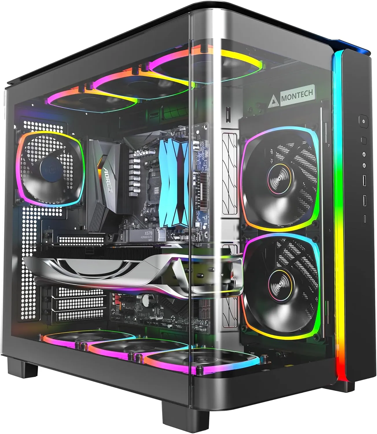 MONTECH King 95 PRO Dual-Chamber ATX Mid-Tower PC Gaming Case, High-Airflow, Toolless Panels, Sturdy Curved Tempered Glass Front, 6 ARGB PWM Fan Pre-Installed with Fan Hub, Black