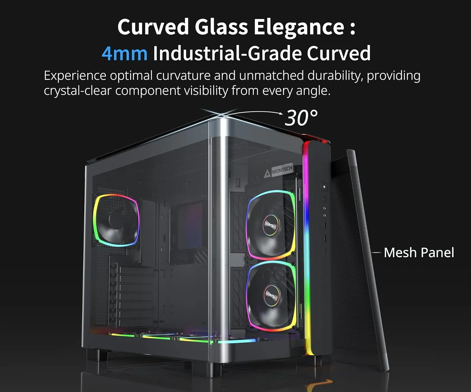MONTECH King 95 PRO Dual-Chamber ATX Mid-Tower PC Gaming Case, High-Airflow, Toolless Panels, Sturdy Curved Tempered Glass Front, 6 ARGB PWM Fan Pre-Installed with Fan Hub, Black