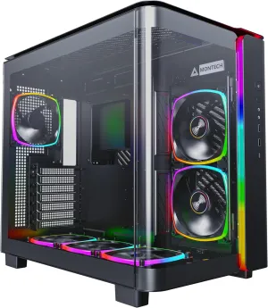 MONTECH King 95 PRO Dual-Chamber ATX Mid-Tower PC Gaming Case, High-Airflow, Toolless Panels, Sturdy Curved Tempered Glass Front, 6 ARGB PWM Fan Pre-Installed with Fan Hub, Black