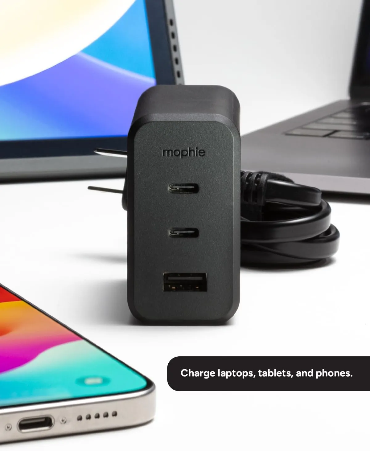 mophie GaN 100W USB C Charger Block - 3-Port Fast Charger for MacBook, iPad, iPhone, Samsung Galaxy, Google Pixel, Laptops - with 1.5m/5ft Cable, Dual USB-C PD Ports, Black