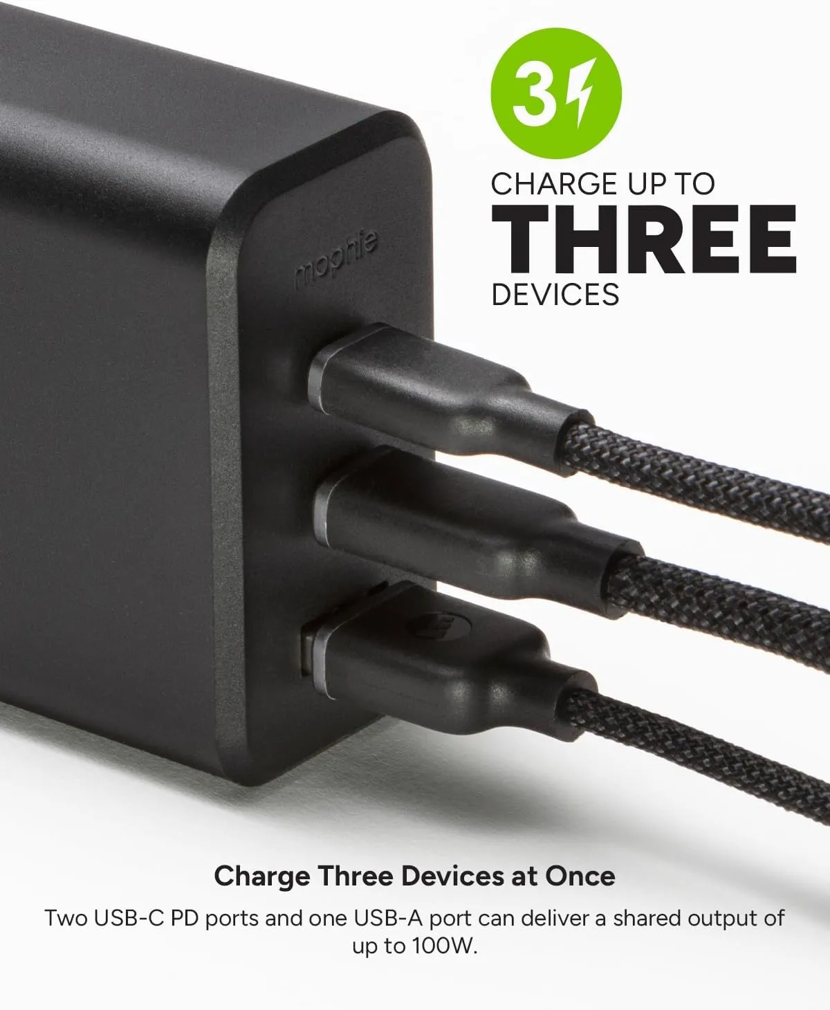 mophie GaN 100W USB C Charger Block - 3-Port Fast Charger for MacBook, iPad, iPhone, Samsung Galaxy, Google Pixel, Laptops - with 1.5m/5ft Cable, Dual USB-C PD Ports, Black