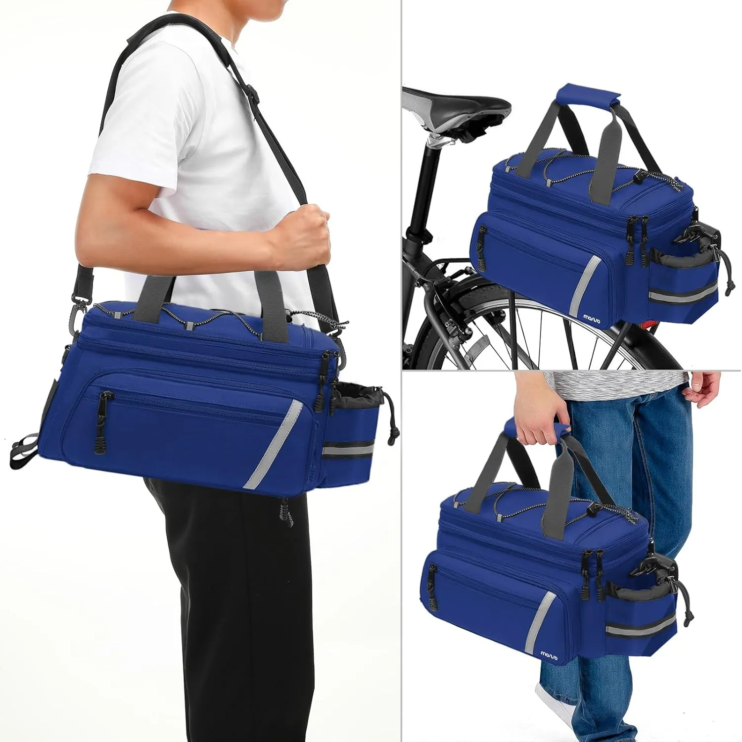 MOSISO Bike Rack Bag with Rain Cover, Bike Trunk Cooler Handag Insulated Bicycle Rear Seat Pouch with 2 Side Foldable Panniers, 8L Cycling Backseat Storage Cargo Saddle Shoulder Bag, Royal Blue