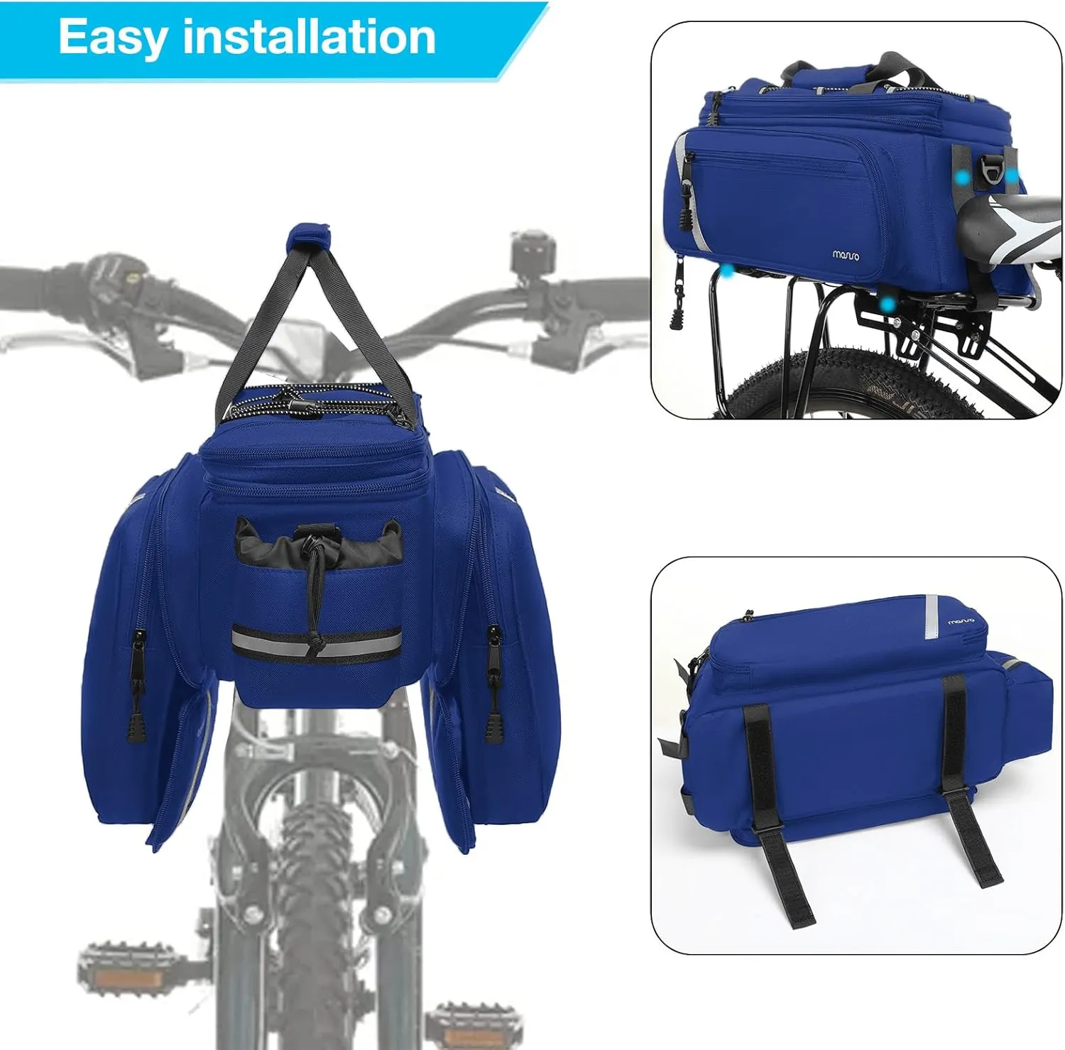 MOSISO Bike Rack Bag with Rain Cover, Bike Trunk Cooler Handag Insulated Bicycle Rear Seat Pouch with 2 Side Foldable Panniers, 8L Cycling Backseat Storage Cargo Saddle Shoulder Bag, Royal Blue