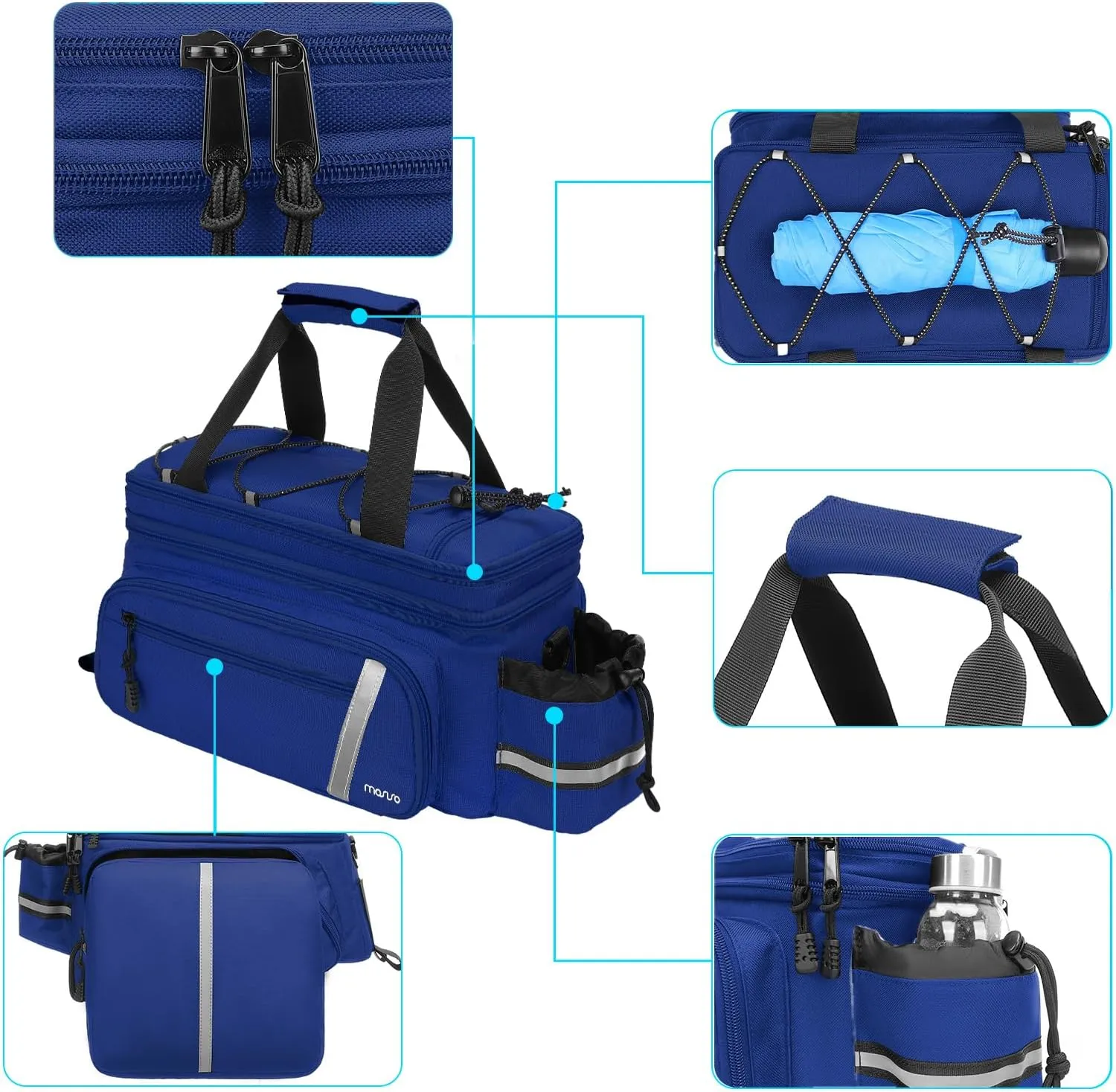 MOSISO Bike Rack Bag with Rain Cover, Bike Trunk Cooler Handag Insulated Bicycle Rear Seat Pouch with 2 Side Foldable Panniers, 8L Cycling Backseat Storage Cargo Saddle Shoulder Bag, Royal Blue