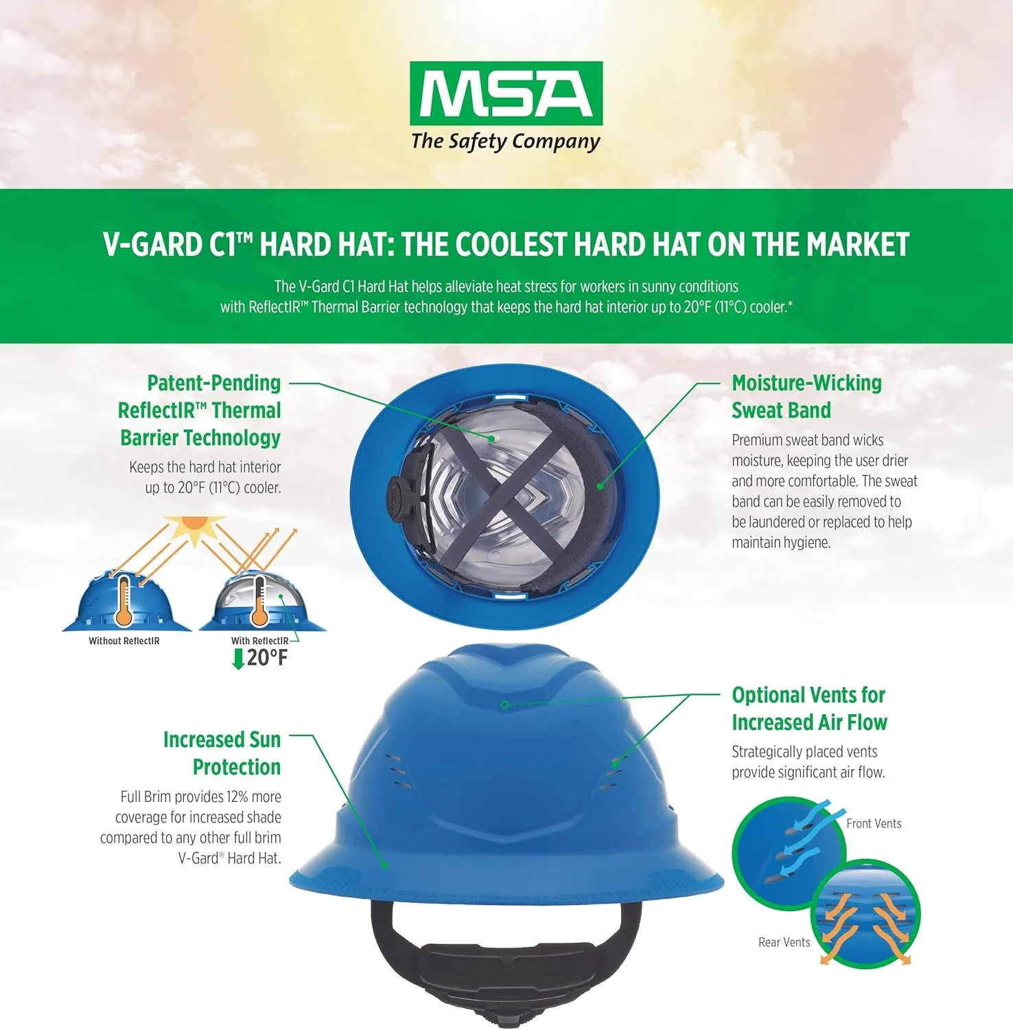 MSA V-Gard C1 Full Brim Hard Hat with ReflectIR Cooling Thermal Barrier and Fas-Trac III Suspension - Uses Highly Innovative Cooling Features to Help Alleviate Heat Stress