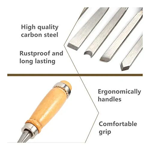 MYOYAY 12Pcs Wood Carving Tools Set Full Size Woodworking Chisels Wooden Knife Gouge Kits Carbon Steel Sculpting Chisel with Canvas Case for