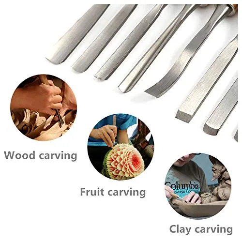 MYOYAY 12Pcs Wood Carving Tools Set Full Size Woodworking Chisels Wooden Knife Gouge Kits Carbon Steel Sculpting Chisel with Canvas Case for
