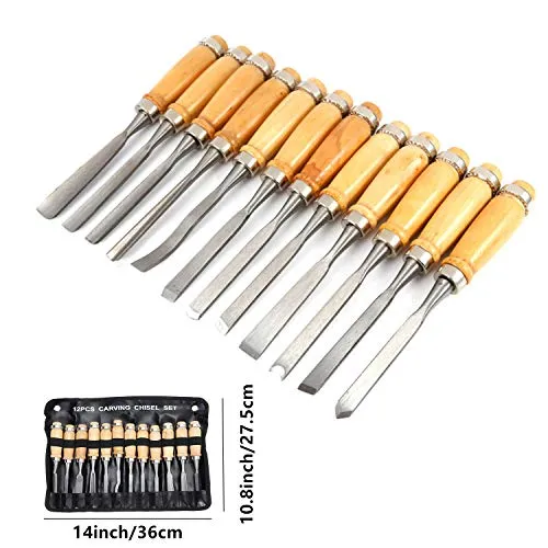 MYOYAY 12Pcs Wood Carving Tools Set Full Size Woodworking Chisels Wooden Knife Gouge Kits Carbon Steel Sculpting Chisel with Canvas Case for