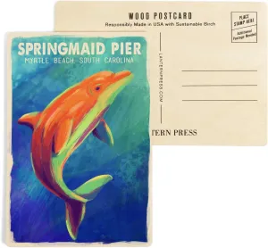 Myrtle Beach, South Carolina, Springmaid Pier, Bottlenose Dolphin, Vivid (4x6 Birch Wood Postcards, 2-Pack Stationary, Rustic Home Wall Decor)