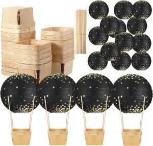 Namalu 24 Set Hot Air Balloon Baby Shower Centerpieces Paper Lanterns Wooden Candy Boxes with Sticks DIY Craft for Graduation Birthday Wedding Party Table Decoration(Gold on Black)