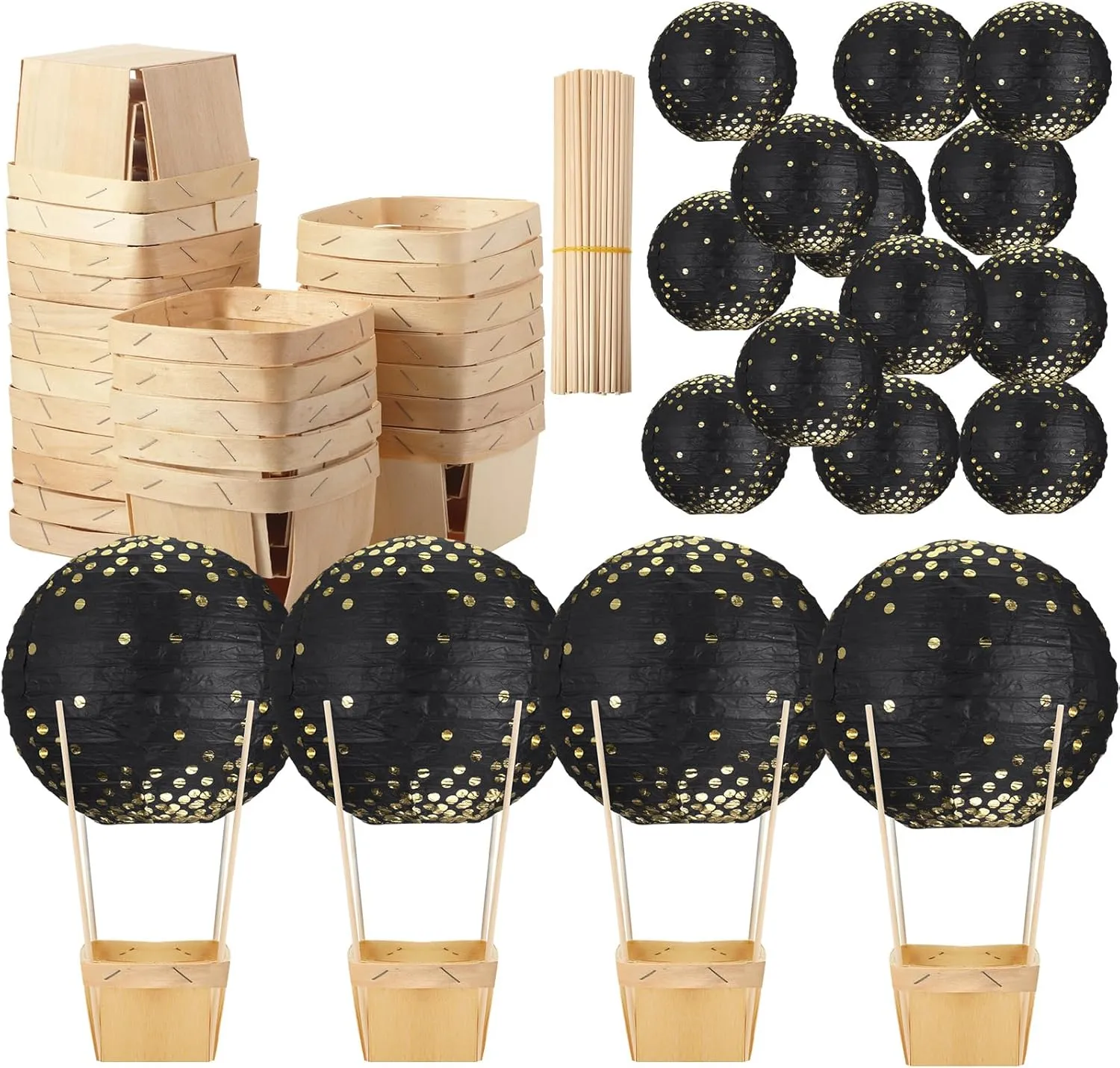Namalu 24 Set Hot Air Balloon Baby Shower Centerpieces Paper Lanterns Wooden Candy Boxes with Sticks DIY Craft for Graduation Birthday Wedding Party Table Decoration(Gold on Black)