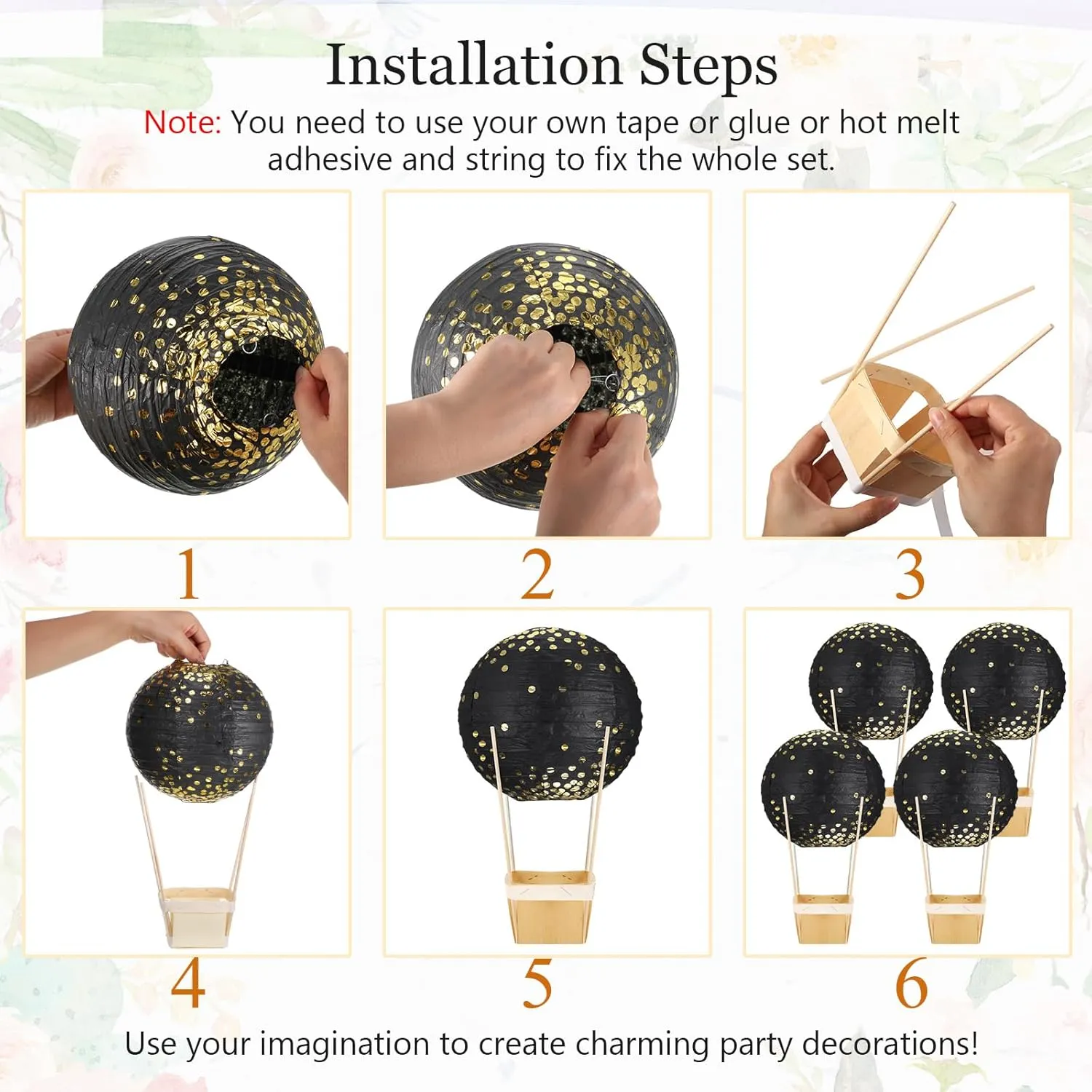 Namalu 24 Set Hot Air Balloon Baby Shower Centerpieces Paper Lanterns Wooden Candy Boxes with Sticks DIY Craft for Graduation Birthday Wedding Party Table Decoration(Gold on Black)