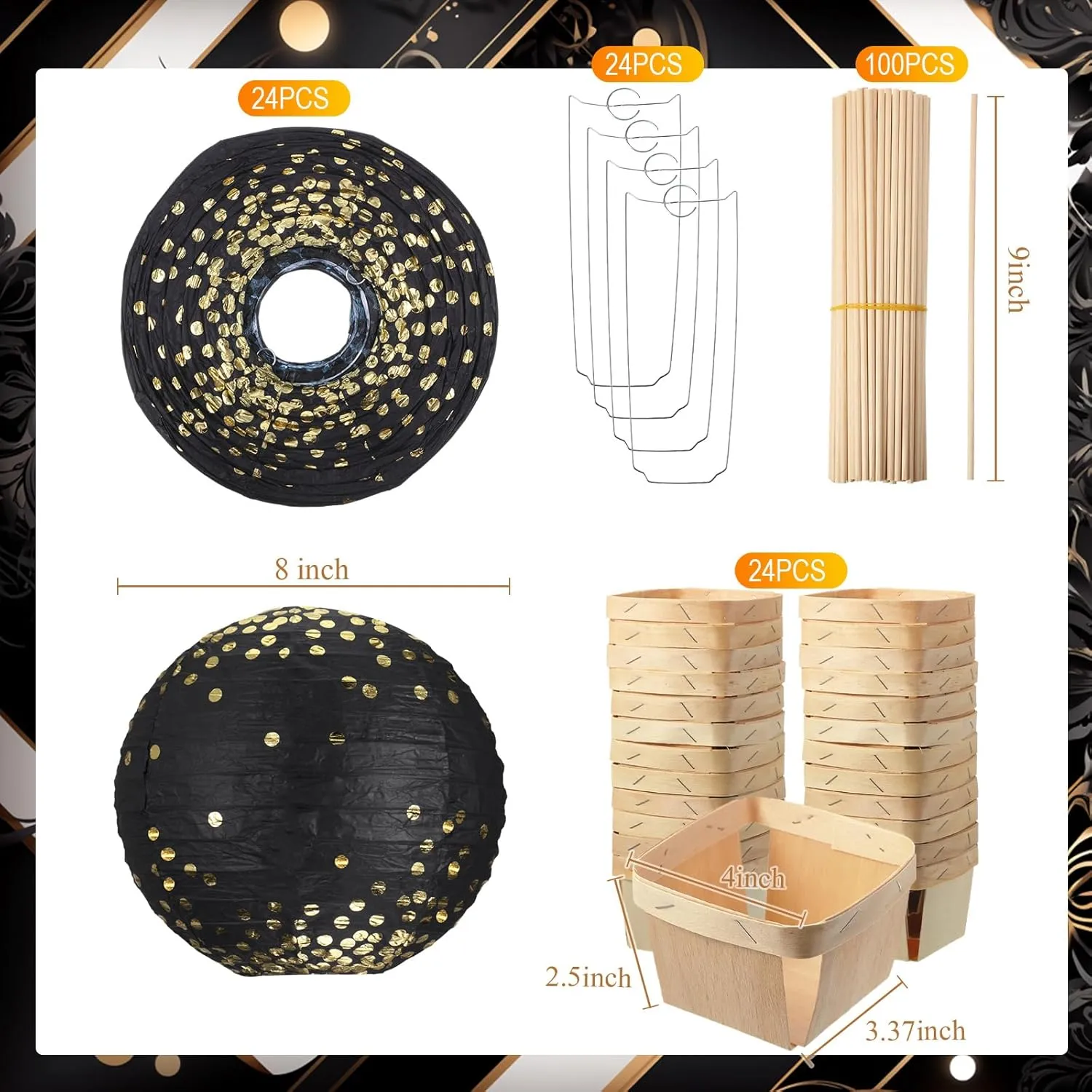 Namalu 24 Set Hot Air Balloon Baby Shower Centerpieces Paper Lanterns Wooden Candy Boxes with Sticks DIY Craft for Graduation Birthday Wedding Party Table Decoration(Gold on Black)