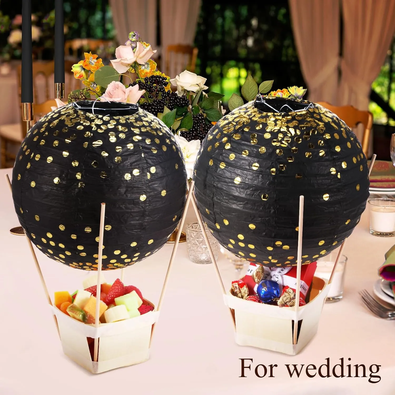 Namalu 24 Set Hot Air Balloon Baby Shower Centerpieces Paper Lanterns Wooden Candy Boxes with Sticks DIY Craft for Graduation Birthday Wedding Party Table Decoration(Gold on Black)