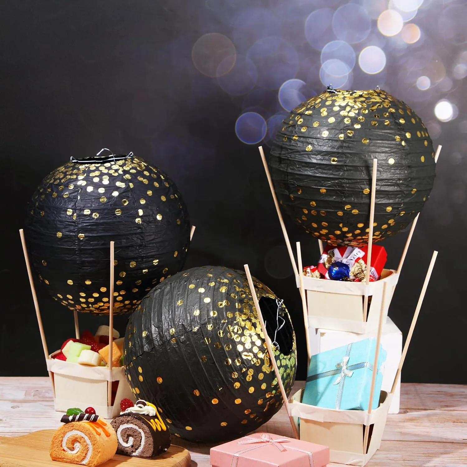 Namalu 24 Set Hot Air Balloon Baby Shower Centerpieces Paper Lanterns Wooden Candy Boxes with Sticks DIY Craft for Graduation Birthday Wedding Party Table Decoration(Gold on Black)