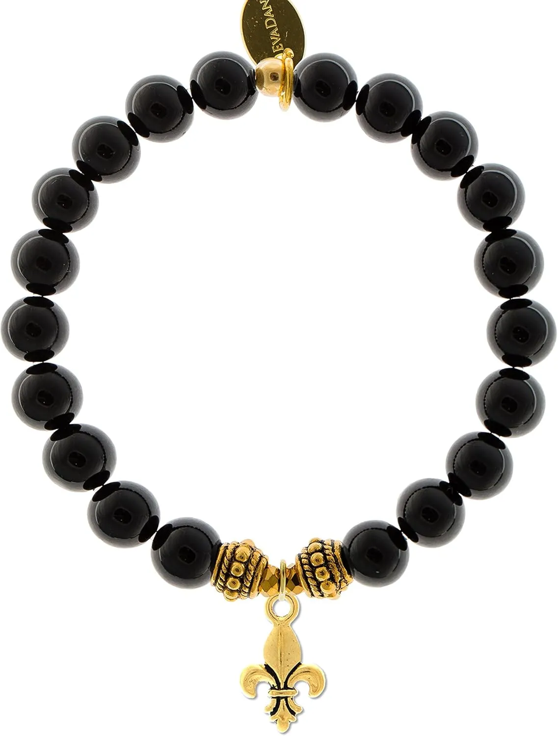 Natural Black Onyx Gemstone Rope Bead Fleur de Lis Charm Stretch Bracelet