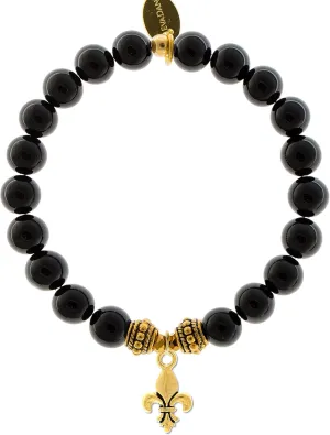 Natural Black Onyx Gemstone Rope Bead Fleur de Lis Charm Stretch Bracelet