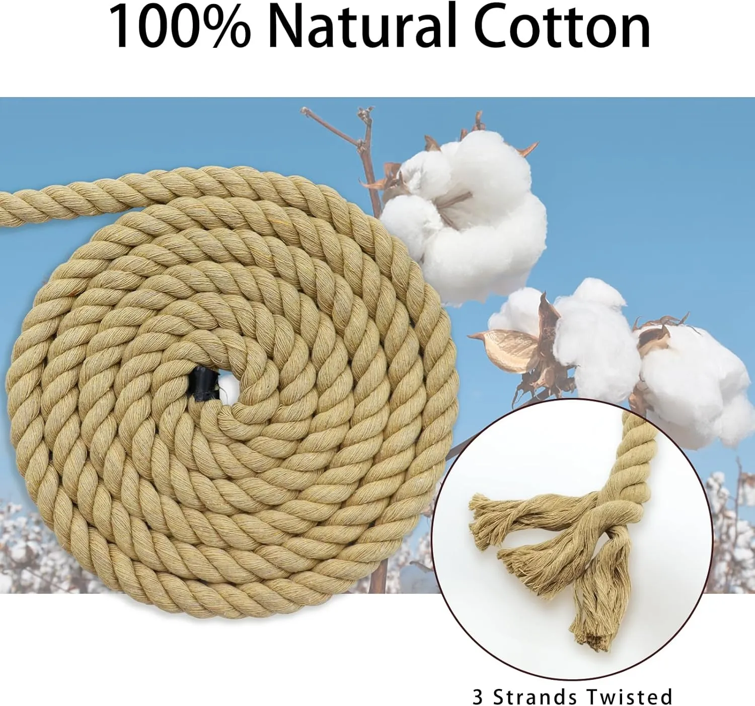 Natural Brown Cotton Rope 1/2 Inch x 165 Feet - Thick Nautical Rope for Crafts Decor Wall Hanging DIY Projects