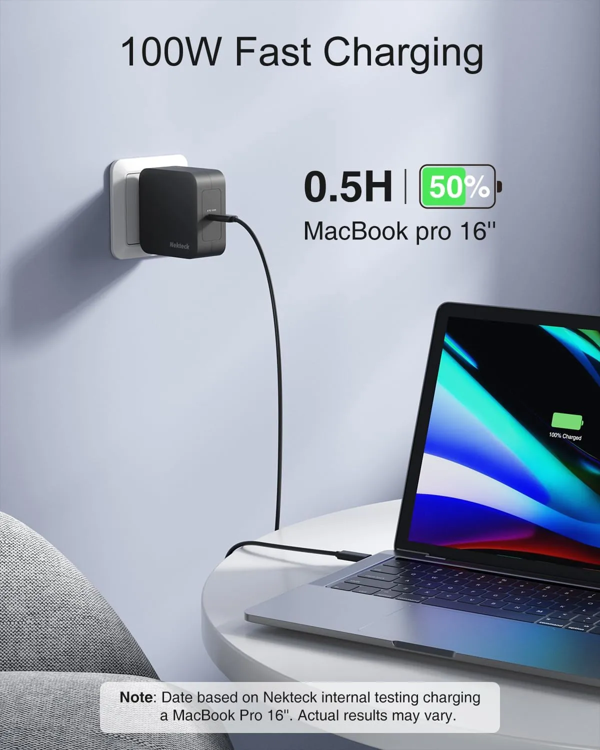 Nekteck 100W USB C Charger, Compact and Foldable Fast Charging GaN IV Charger with 6.6 Ft Cable, Compatible with MacBook Air/Pro, iPad Pro and All USBC Devices (Black)
