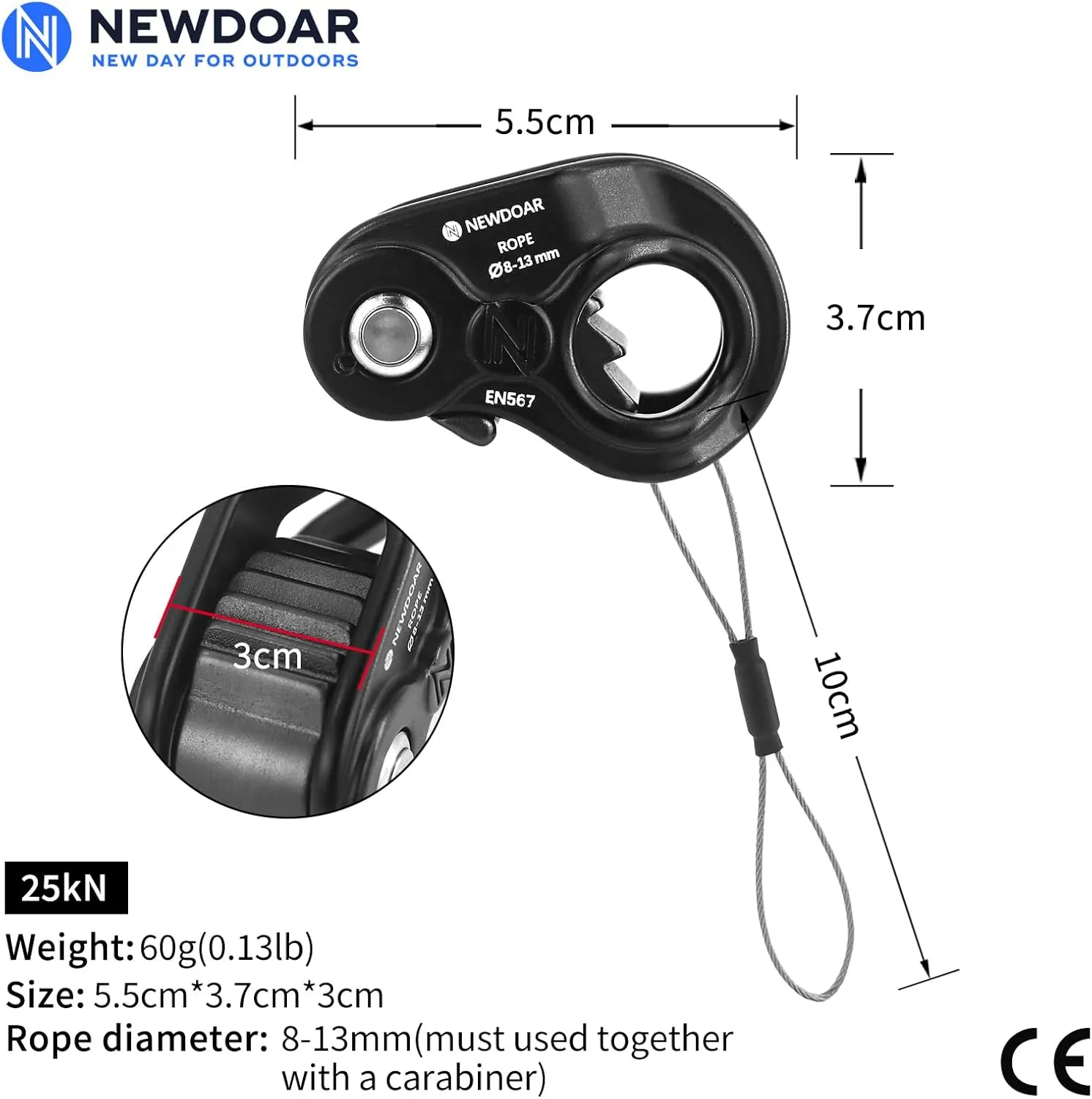 NewDoar Rope Ascender Lightweight Rope Clamp Ascender Riser Adjuster Fits 8-13mm Rope Self-Locking Grip for Rock Climbing,Hunting,Protection Rescue,Rappelling,Arborist,Gear Equipment