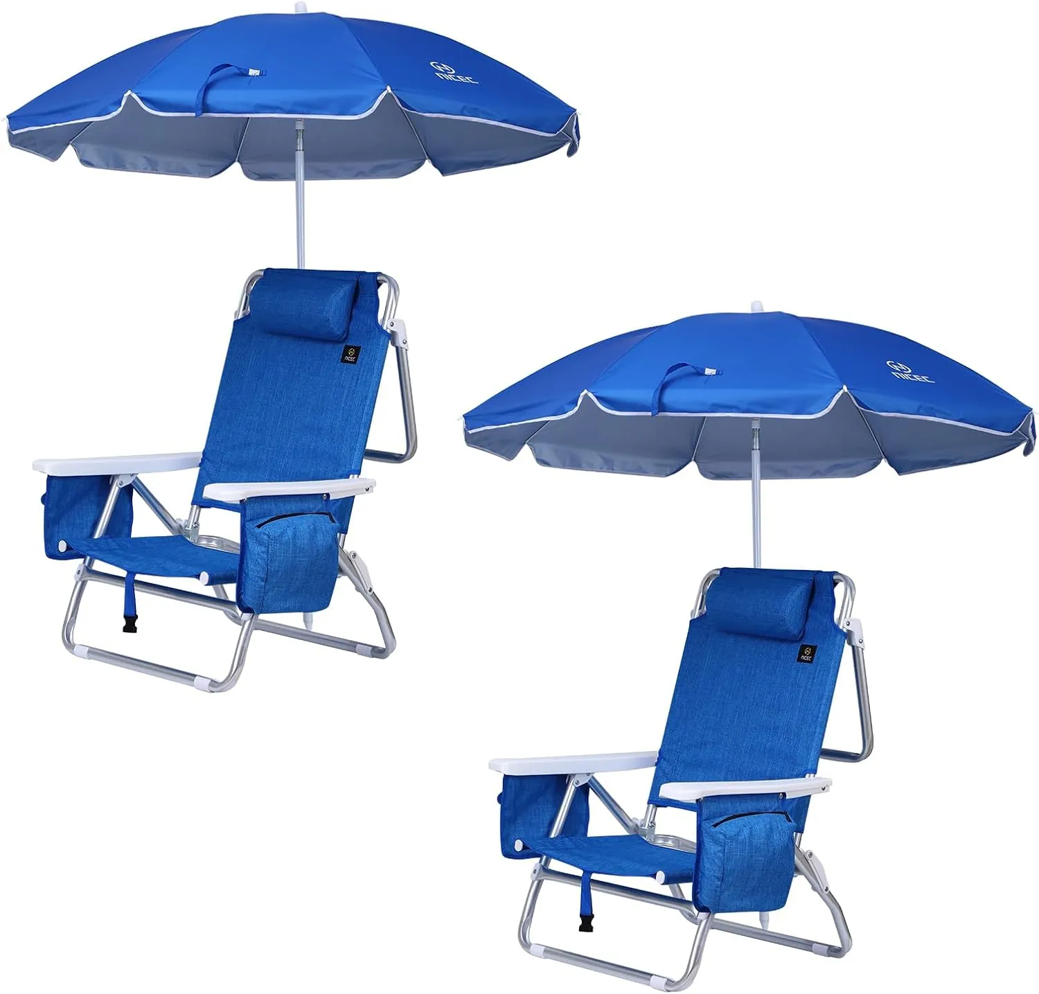 Nice C Backpack Beach Sand Chair with Cooler and Umbrella, Cup Holder for Outdoor, Camping, BBQ, Travel, Picnic (Two Blue)