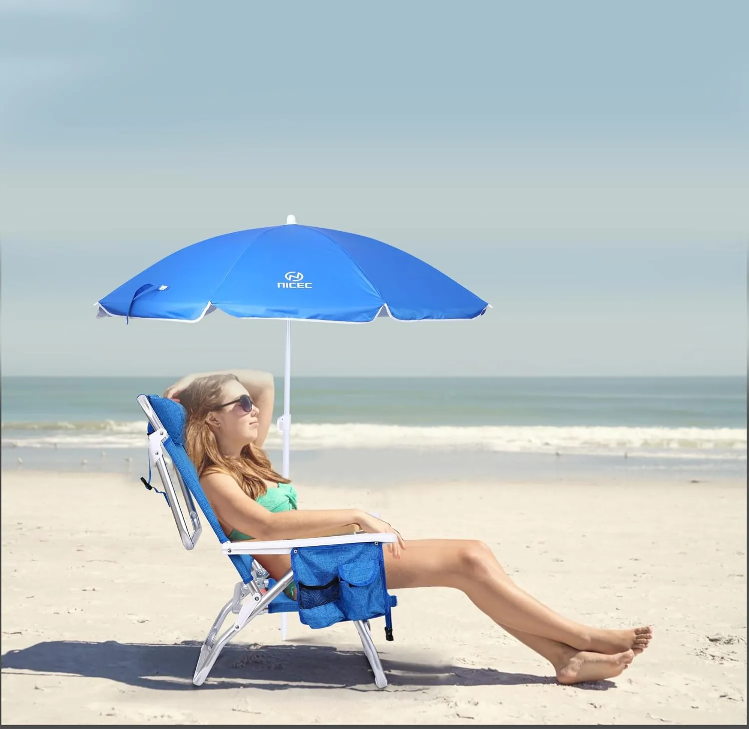 Nice C Backpack Beach Sand Chair with Cooler and Umbrella, Cup Holder for Outdoor, Camping, BBQ, Travel, Picnic (Two Blue)