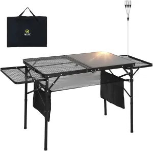 Nice C Camping Table, Grill Table, Tailgate Tables, Solar Panel Tables with USB, Type-C&DC Charging Cable, 42W Portable Solar Charger, 2 Side Shelves, Height Adjustable with Mesh Net&Cup Holders