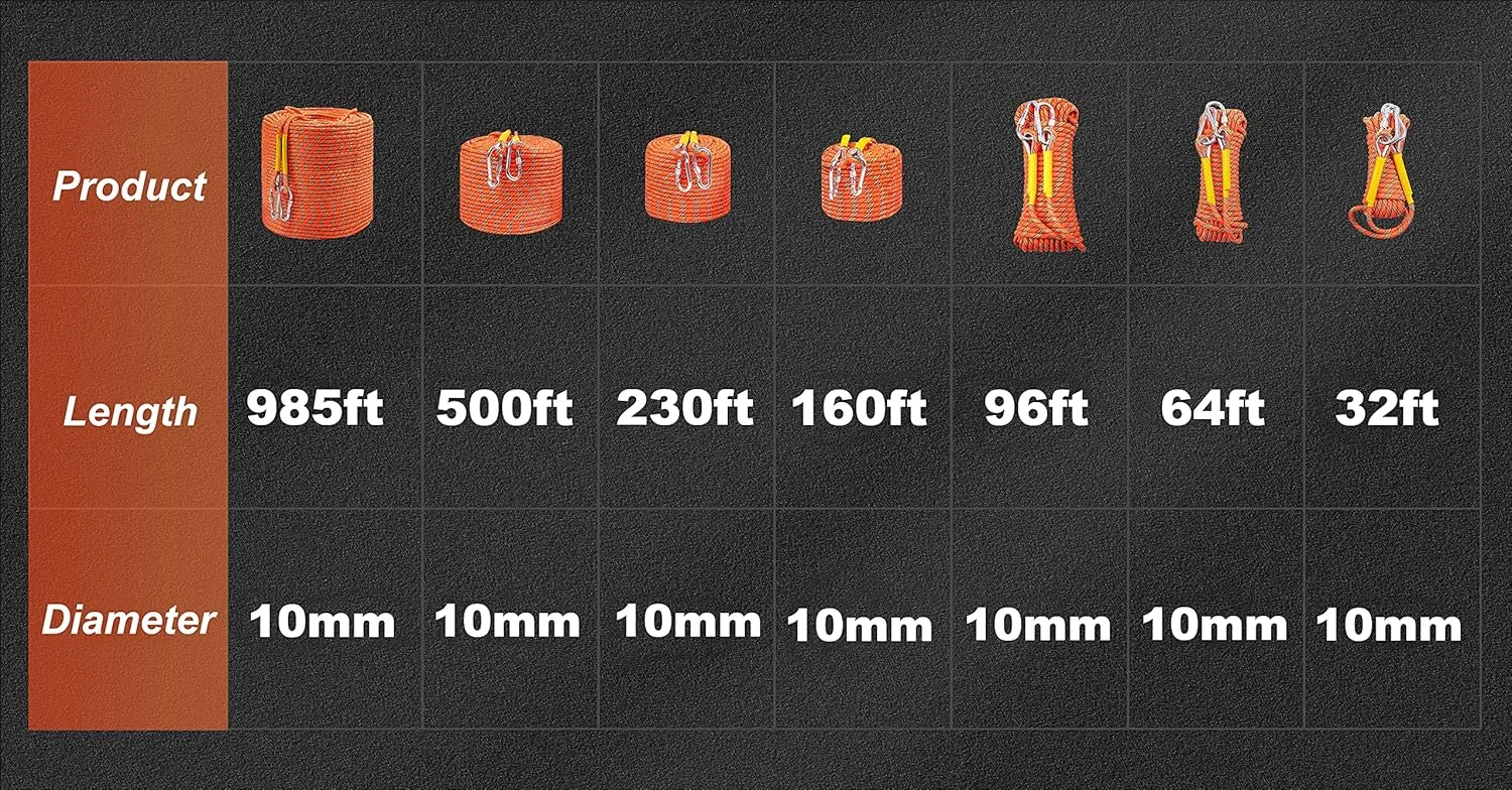 Nice C Climbing Rope, Rescue Rope, Construction Rope, Rock Climbing Rope, Static 10mm 32ft/64ft/96ft/160ft/230ft/500ft/985ft/1000ft with Carry Bag (Orange, 20M(64ft))