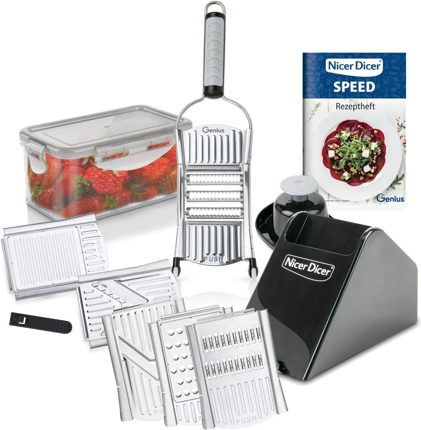 Nicer Dicer Speed Deluxe Set 13-Piece Hand Slicer V Slicer - Adjustable Manual Slicer with Stainless Steel V Blade - Vegetable Cutter Vegetable Slicer with Julienne Cutter, Silver