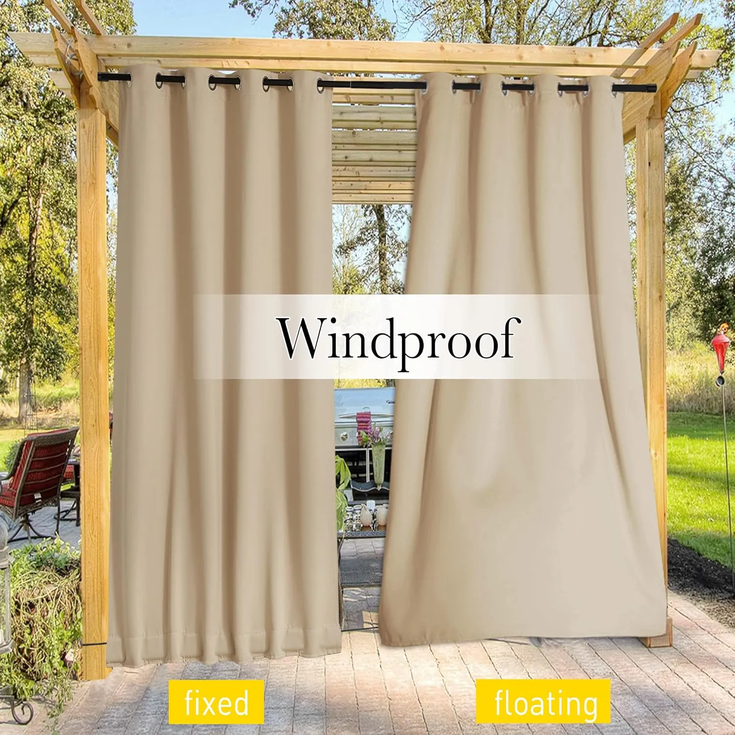 NICETOWN 2 Panels Outdoor Curtains for Patio Waterproof & Windproof, Grommet & Back Tab on Top & Bottom Weighted Drapes Keep Sun/Rain Out with Bouns Rope for Deck, Biscotti Beige, W52 x L108