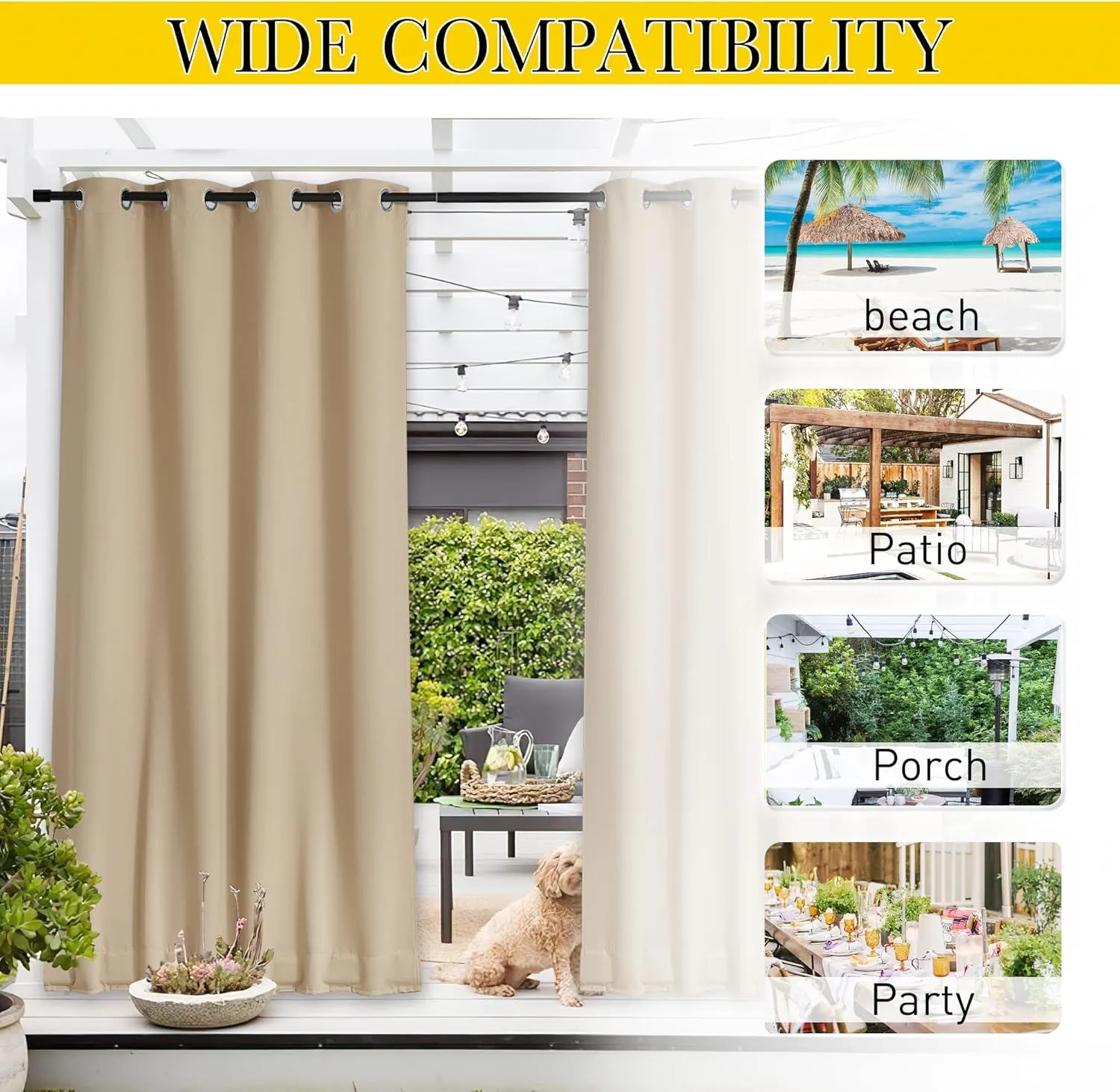 NICETOWN 2 Panels Outdoor Curtains for Patio Waterproof & Windproof, Grommet & Back Tab on Top & Bottom Weighted Drapes Keep Sun/Rain Out with Bouns Rope for Deck, Biscotti Beige, W52 x L108