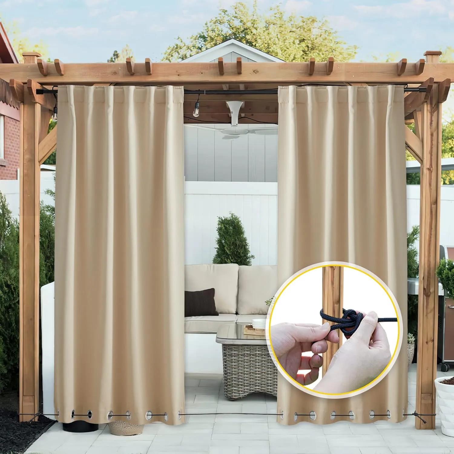 NICETOWN 2 Panels Outdoor Curtains for Patio Waterproof & Windproof, Grommet & Back Tab on Top & Bottom Weighted Drapes Keep Sun/Rain Out with Bouns Rope for Deck, Biscotti Beige, W52 x L108