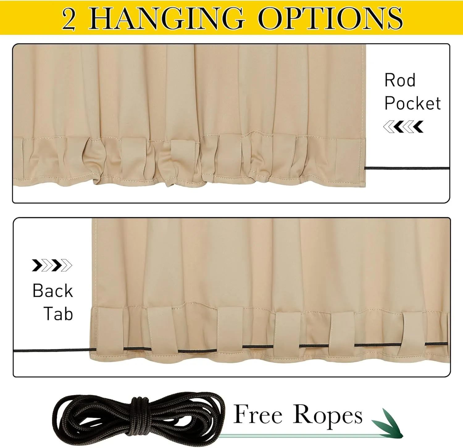 NICETOWN 2 Panels Outdoor Curtains for Patio Waterproof & Windproof, Grommet & Back Tab on Top & Bottom Weighted Drapes Keep Sun/Rain Out with Bouns Rope for Deck, Biscotti Beige, W52 x L108