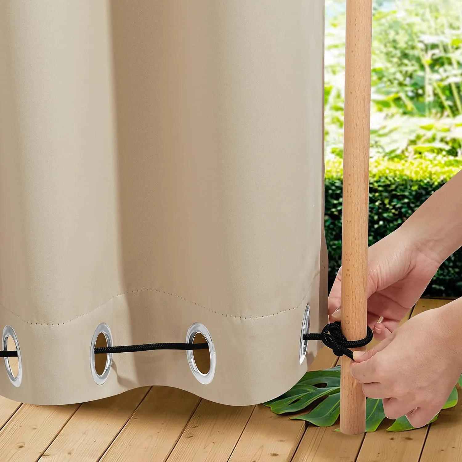 NICETOWN 2 Panels Outdoor Curtains for Patio Waterproof & Windproof, Grommet & Back Tab on Top & Bottom Weighted Drapes Keep Sun/Rain Out with Bouns Rope for Deck, Biscotti Beige, W52 x L108