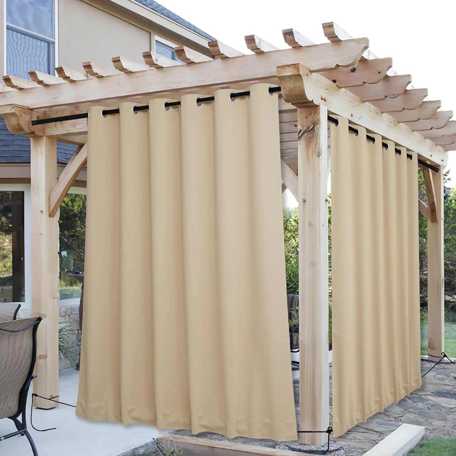 NICETOWN 2 Panels Outdoor Curtains for Patio Waterproof & Windproof, Thermal Insulated Top & Bottom Grommet & Back Tab Light Block Outdoor Drapes with Bouns Rope for Fixed, Biscotti Beige, W84 by L84
