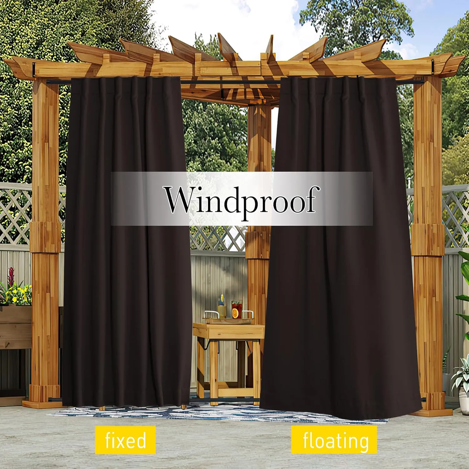 NICETOWN 2 Panels Outdoor Curtains Waterproof Pocket & Back Tab on Top & Bottom, Thermal Insulated Windproof Sun Blocking Outside Privacy Drapes for Patio with Fixed Rope, W52 x L95, Toffee Brown