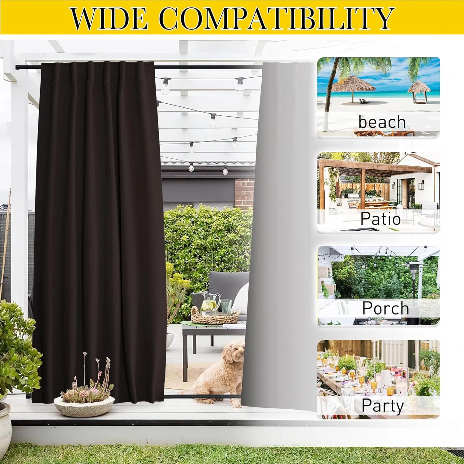 NICETOWN 2 Panels Outdoor Curtains Waterproof Pocket & Back Tab on Top & Bottom, Thermal Insulated Windproof Sun Blocking Outside Privacy Drapes for Patio with Fixed Rope, W52 x L95, Toffee Brown