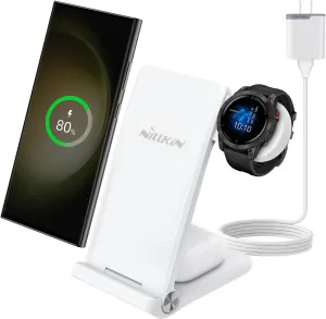 Nillkin 3 in 1 Wireless Charging Station Compatible with Garmin Watch Instinct Fenix Forerunner Epix 2, Foldable & 18W Charger Stand for Galaxy S25 Ultra/S24/S23, AirPods 4/3/2/Pro, Galaxy Buds ﻿
