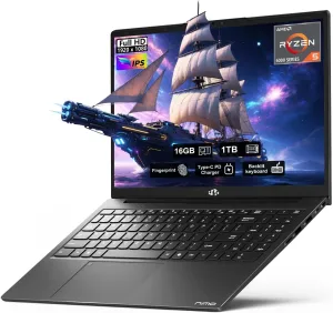 NIMO 15.6'' FHD IPS Business-Laptop-Computer - AMD Ryzen 5 6600H, 16GB DDR5 RAM 1TB SSD(Beat R7 5700U, 6 Cores Up to 4.5GHz), 100W Type-C, 6 Cores 660M GPU, Fingerprint, Backlit Keyboard, Win 11