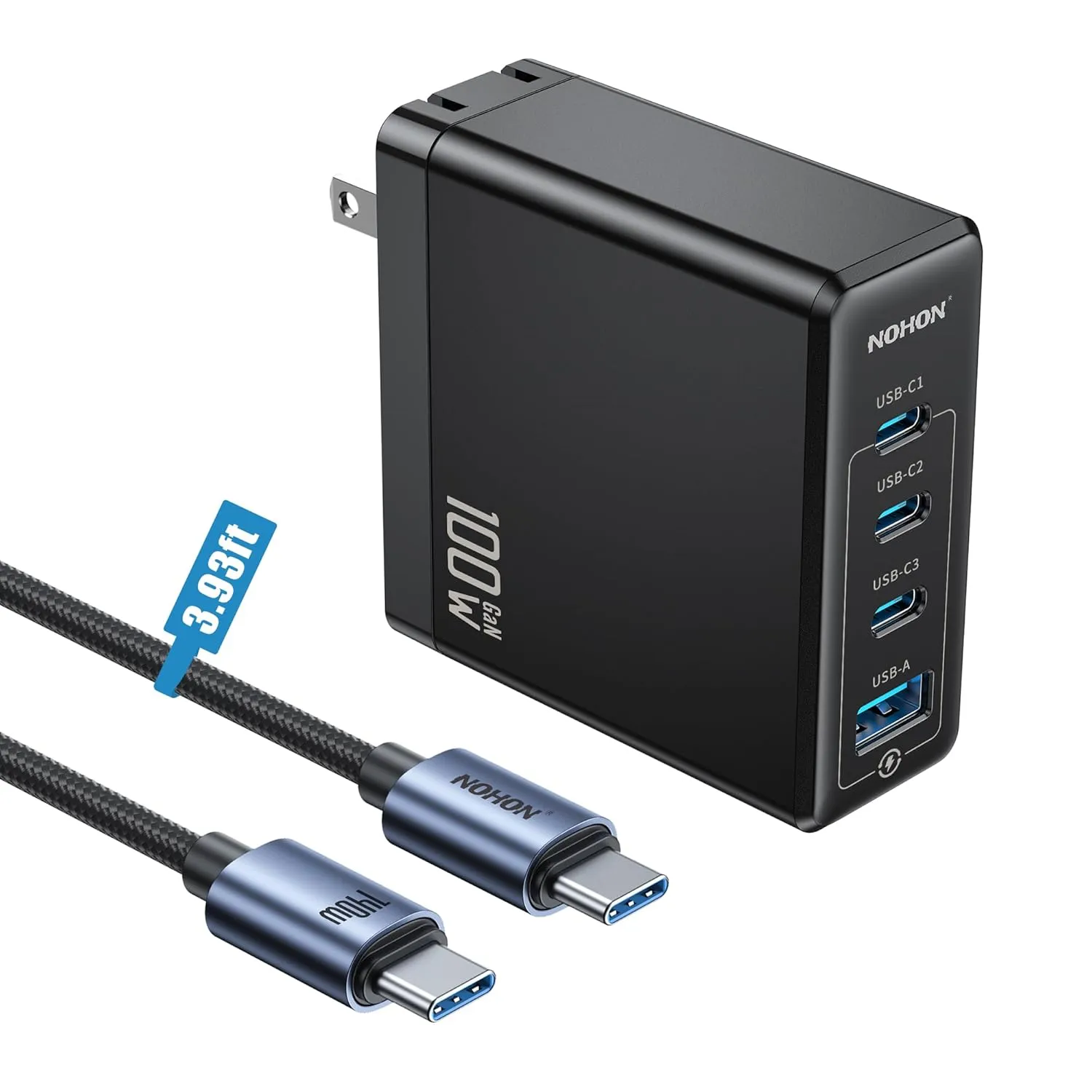 NOHON USB-C Fast Charger Adapter: 100W PD 3.0 GaN Wall Block | Foldable Plug with 140W PD3.1 Type-C Cable 3.93ft | 3-Port Compatible with MacBook Pro ipad Laptop iPhone 12 13 14 15 Galaxy S23