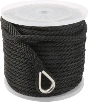 NovelBee 1/2" x 150' Premium Solid Braid MFP Anchor Line,Best Polypropylene Rope with Stainless Steel Thimble (Black)