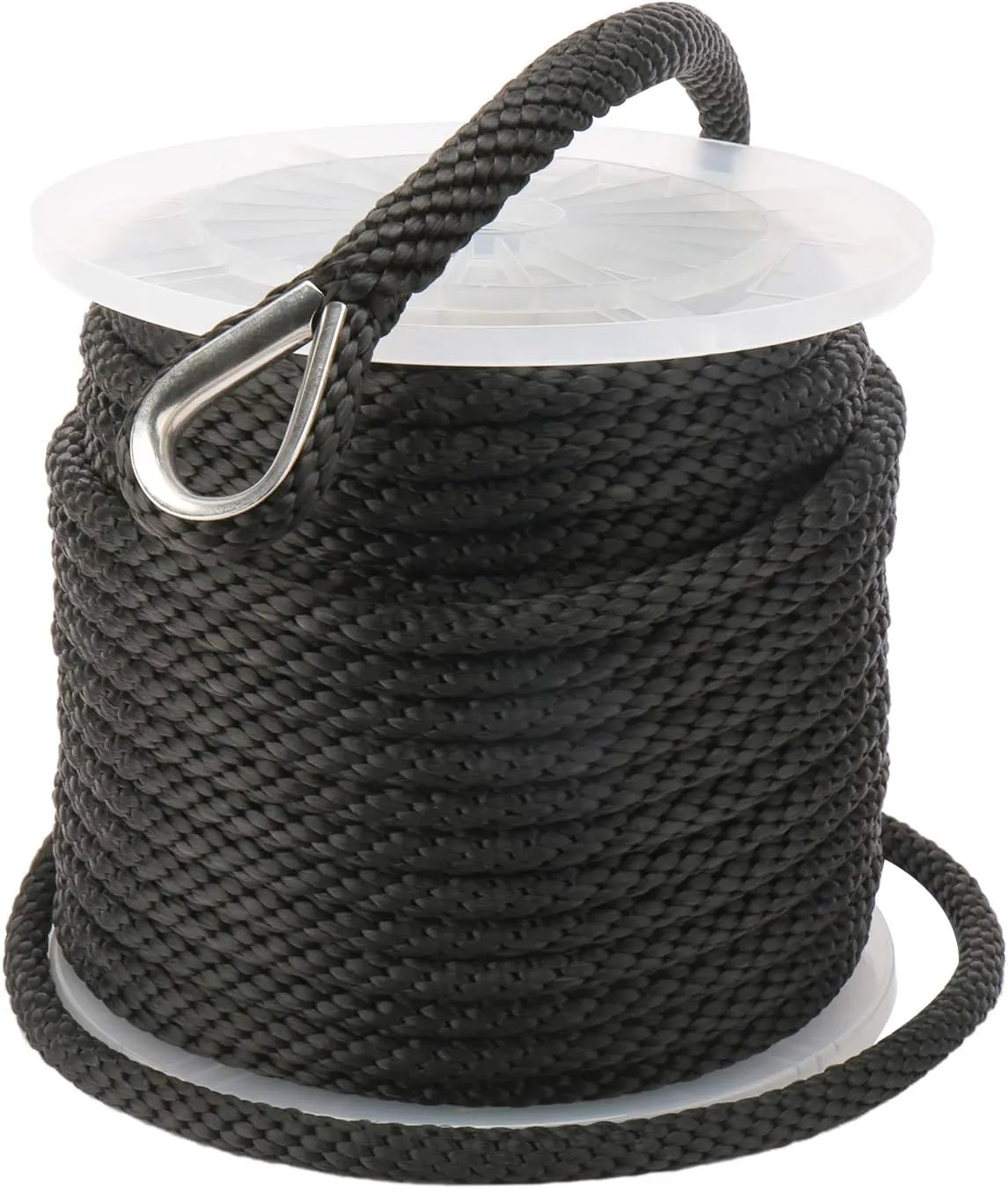 NovelBee 3/8" x 150' Premium Solid Braid MFP Anchor Line,Best Polypropylene Rope with Stainless Steel Thimble,Working Load Limit 250 lbs;Breaking Strength 1290 lbs (Black)