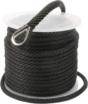 NovelBee 3/8" x 150' Premium Solid Braid MFP Anchor Line,Best Polypropylene Rope with Stainless Steel Thimble,Working Load Limit 250 lbs;Breaking Strength 1290 lbs (Black)