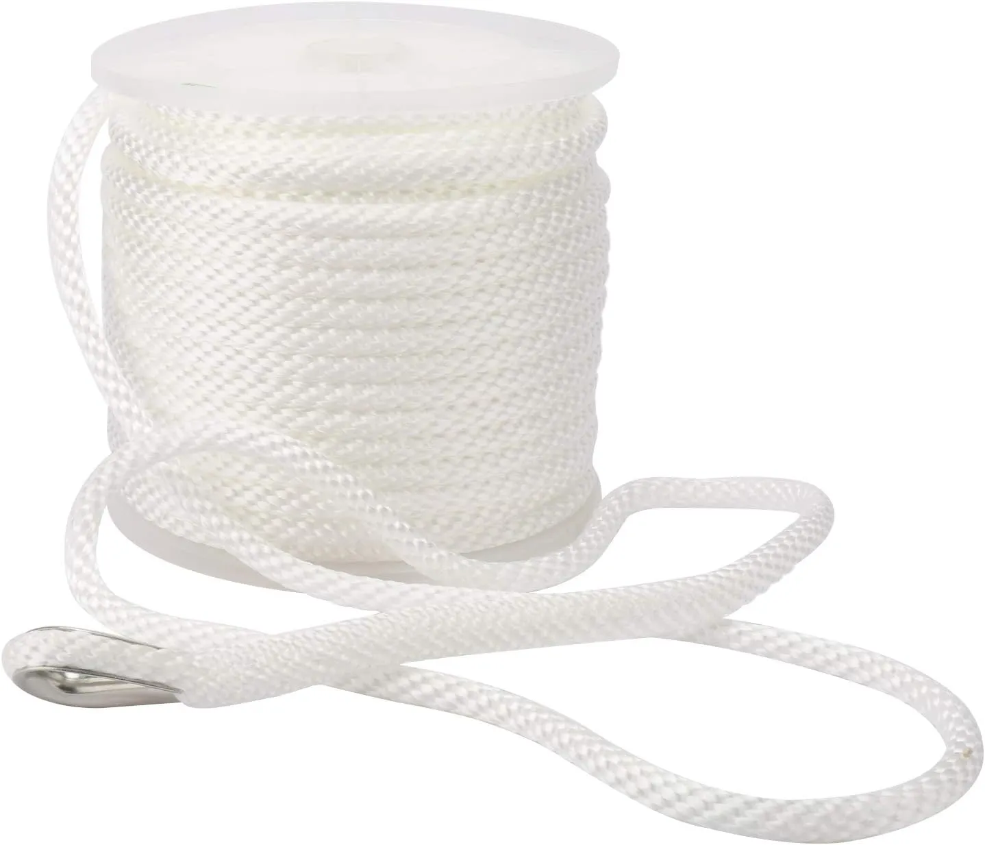 NovelBee 3/8" x 200' Premium Solid Braid MFP Anchor Line,Best Polypropylene Rope with Stainless Steel Thimble,Working Load Limit 250 lbs;Breaking Strength 1290 lbs (White)